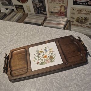 Vintage Wooden Tray With Ceramic Plate Floral Pattern